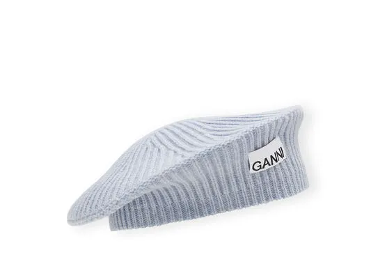 Accessories GANNI Hats Blue Wool Rib Knit Beret Silver Lake Blue