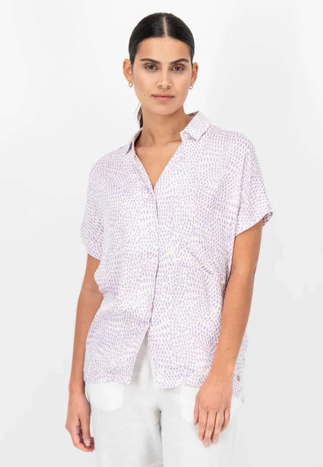 Blouses Women FYNCHHATTON Patterned Short sleeved Blouse Made Of Flowing Viscose Summer Lavenderfuchsia Pink