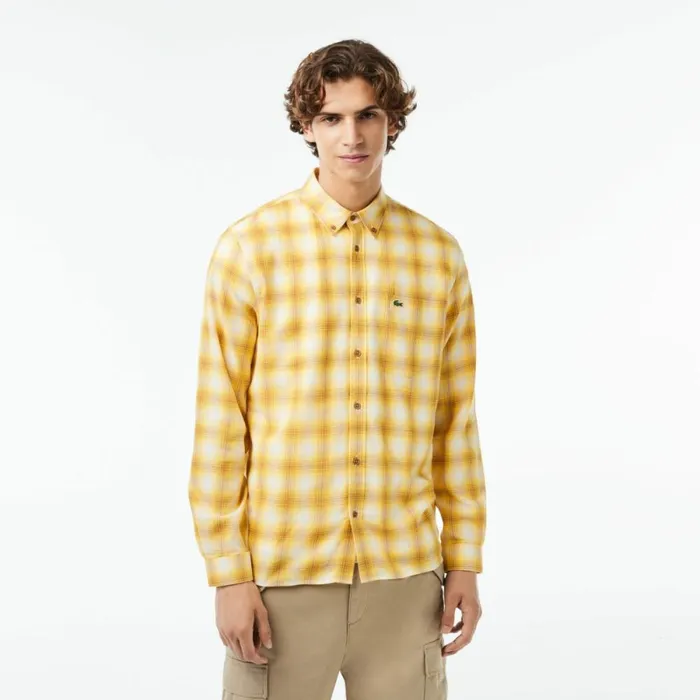 Button Down Shirts Men Lacoste Men039s Cotton And Wool Blend Checked Flannel Shirt Brown White Qiq