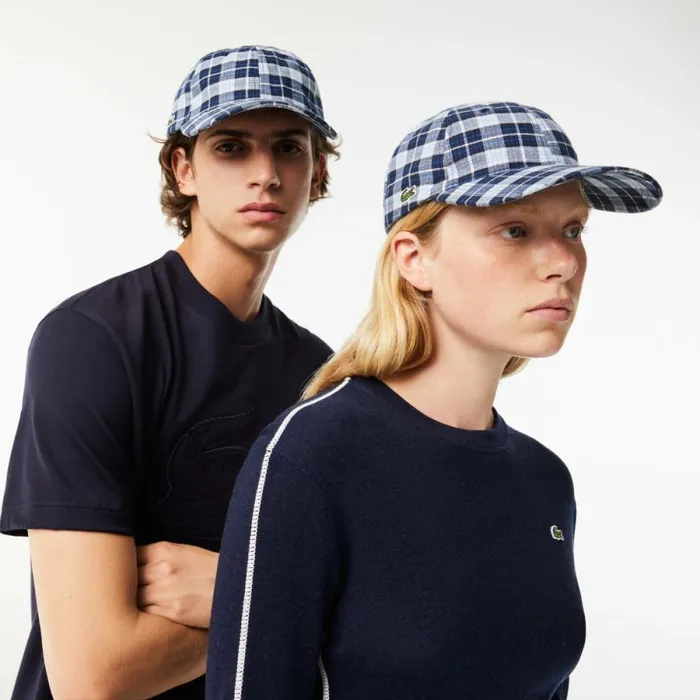 Caps and Hats MenWomen Lacoste Unisex Organic Cotton Checkered Cap Navy Blue White Qli