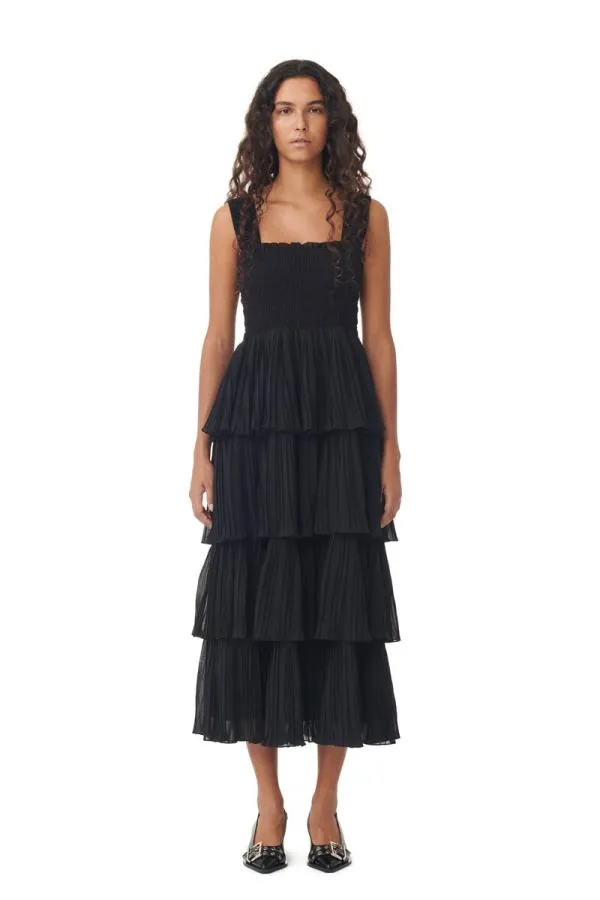 Clothing GANNI Dresses Black Pleated Georgette Flounce Smock Midi Dress Black Clothing GANNI Dresses Black Pleated Georgette Flounce Smock Midi Dress Black