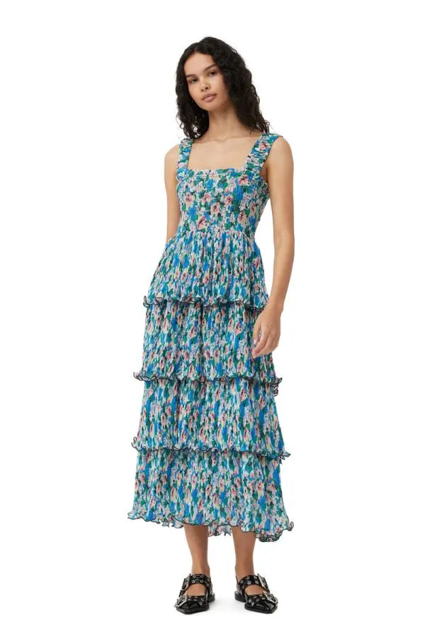 Clothing GANNI Dresses Pleated Georgette Smock Midi Dress Floral Azure Blue