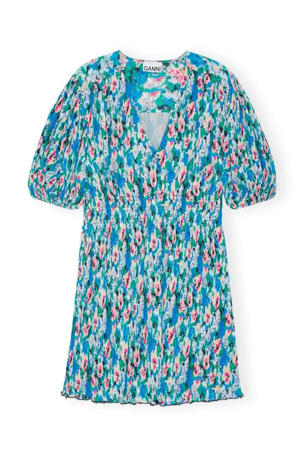 Clothing GANNI Dresses Pleated Georgette Vneck Mini Dress Floral Azure Blue