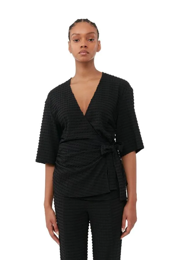 Clothing GANNI Extended Sizes Black Stretch Seersucker Wrap Blouse Black