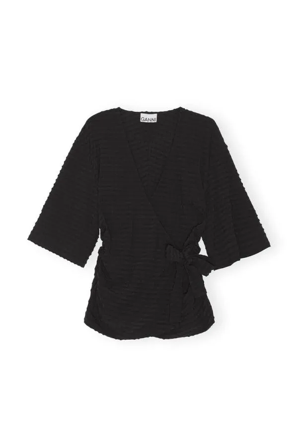 Clothing GANNI Extended Sizes Black Stretch Seersucker Wrap Blouse Black Clothing GANNI Extended Sizes Black Stretch Seersucker Wrap Blouse Black
