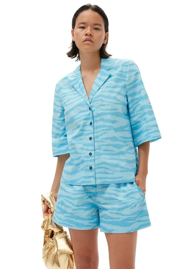 Clothing GANNI Extended Sizes Printed Cotton Elasticated Shorts Ethereal Blue
