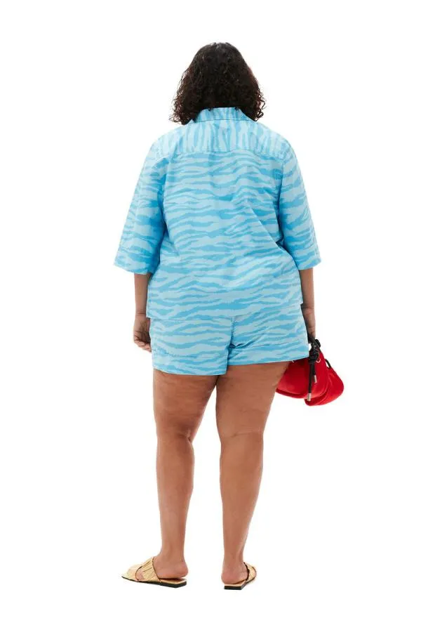 Clothing GANNI Extended Sizes Printed Cotton Elasticated Shorts Ethereal Blue