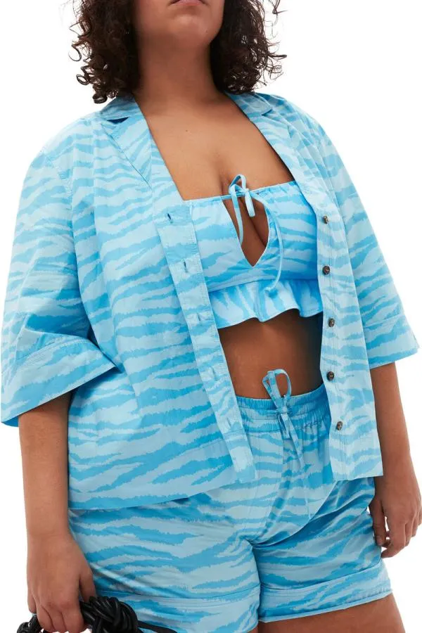 Clothing GANNI Extended Sizes Printed Cotton Elasticated Shorts Ethereal Blue