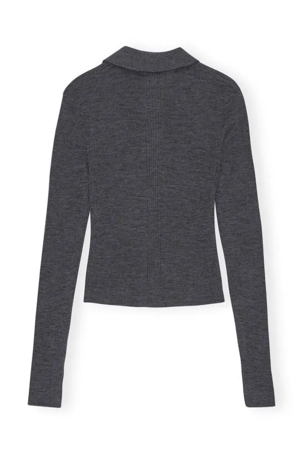 Clothing GANNI Knitwear Grey Ribbed Merino Polo Frost Gray Clothing GANNI Knitwear Grey Ribbed Merino Polo Frost Gray