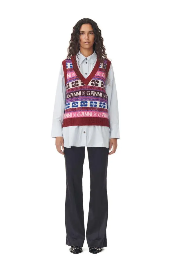 Clothing GANNI Knitwear Pink Logo Wool Mix Vest Multicolour Clothing GANNI Knitwear Pink Logo Wool Mix Vest Multicolour