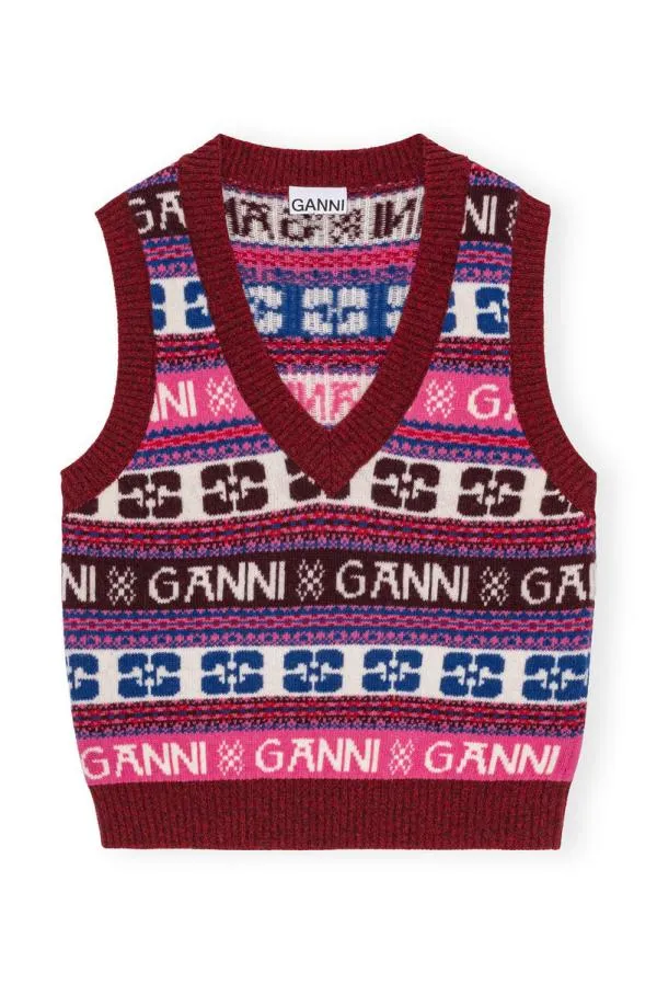 Clothing GANNI Knitwear Pink Logo Wool Mix Vest Multicolour Clothing GANNI Knitwear Pink Logo Wool Mix Vest Multicolour