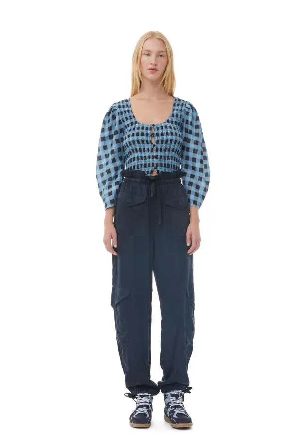 Clothing GANNI Tops Checkered Cotton Silk Blouse Alaskan Blue