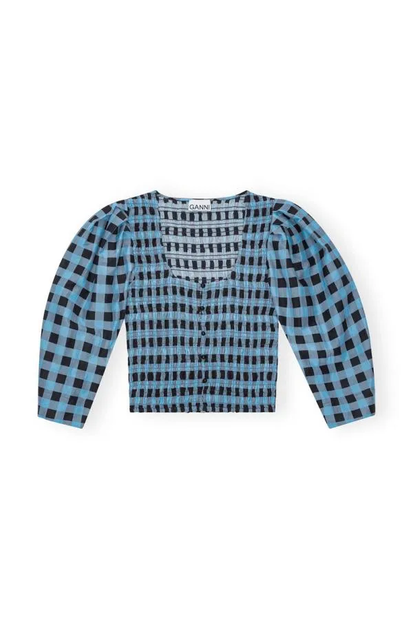 Clothing GANNI Tops Checkered Cotton Silk Blouse Alaskan Blue