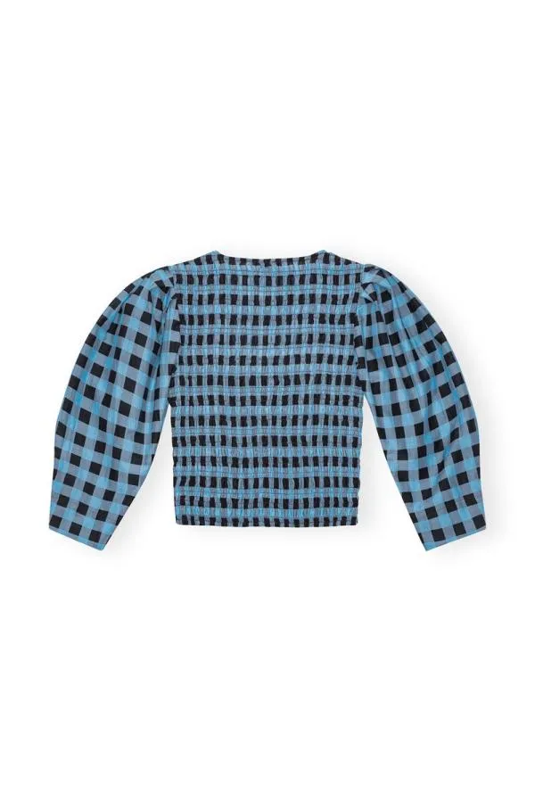 Clothing GANNI Tops Checkered Cotton Silk Blouse Alaskan Blue