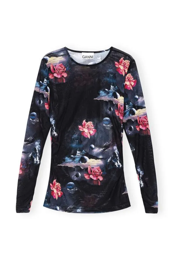 Clothing GANNI Tops Printed Mesh Long Sleeve Gathered Blouse Black Clothing GANNI Tops Printed Mesh Long Sleeve Gathered Blouse Black