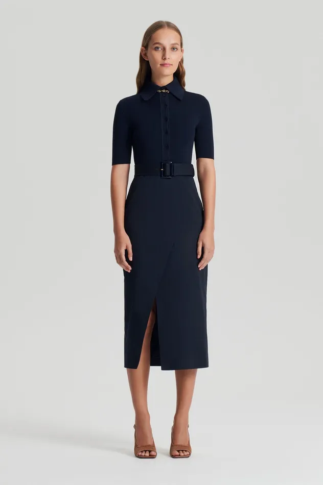 CREPE KNIT PENCIL COTTON DRESS NAVY Women Dresses Scanlan Theodore