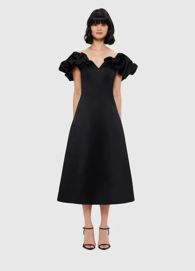 Dresses and Jumpsuits Annie Off Shoulder Frill Midi Dress 8211 Ebony 8211 LEO LIN Women