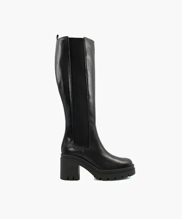 Dune London Black Boots Women Time Black Leather Block Heel KneeHigh Boots Black