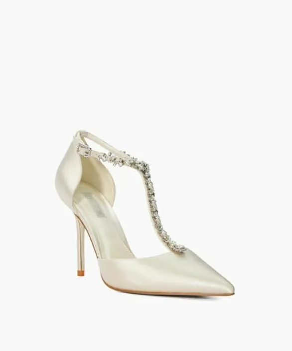 Dune London Court Shoes Women Devotional Ivory Diamante Embellished TBar Wedding Shoes White