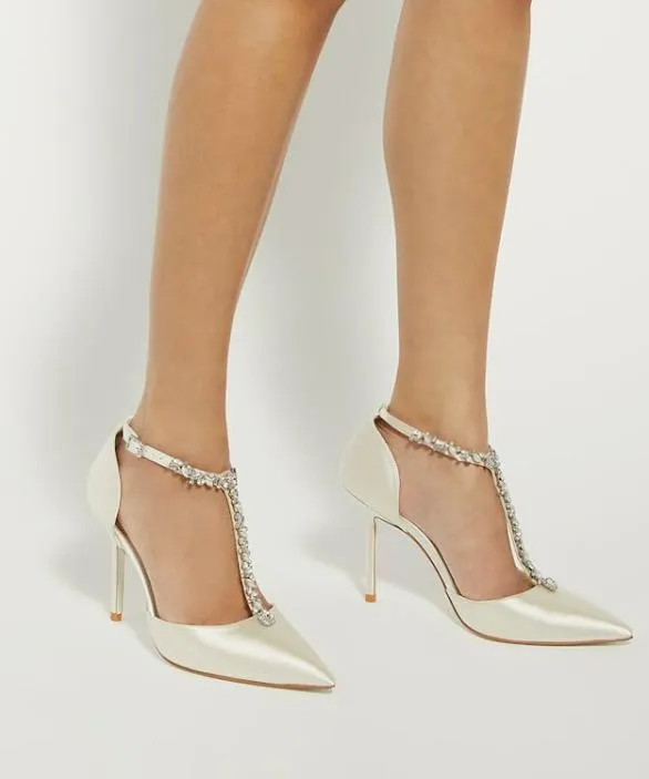 Dune London Court Shoes Women Devotional Ivory Diamante Embellished TBar Wedding Shoes White