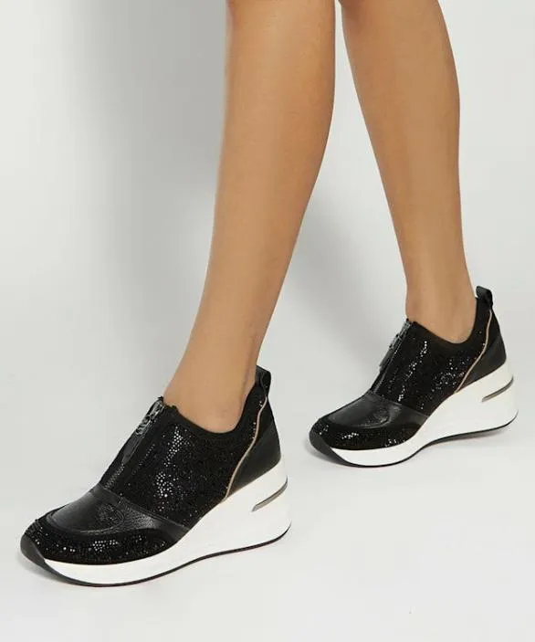 Dune London Trainers Women Elsha Black Embellished Wedge Heel Trainers Black Leather