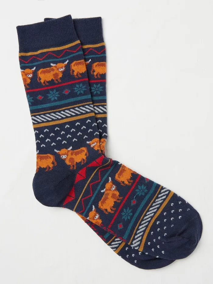 Fat Face Socks Navy Highland Cow Fairisle Socks 8211 Men