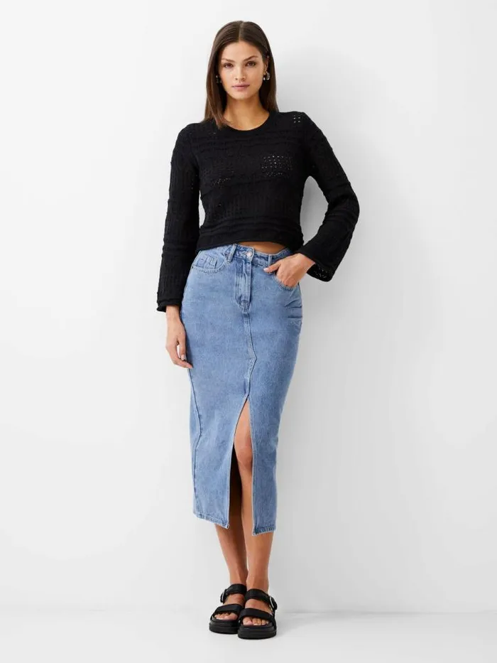French Connection Crochet Bobble Knit Crop Jumper Black Women Jumpers and Cardigans