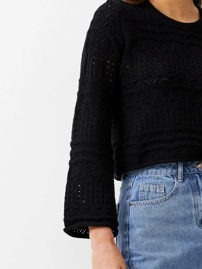 French Connection Crochet Bobble Knit Crop Jumper Black Women Jumpers and Cardigans