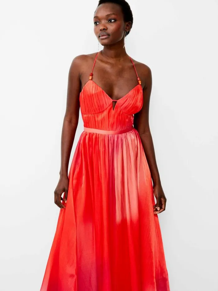 French Connection Darryl Hallie Crinkle Maxi Dress Lava Red Women Dresses