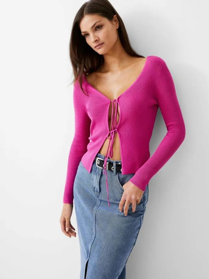 French Connection Double Tie Rib Cardigan Wild Rosa Women Jumpers and Cardigans