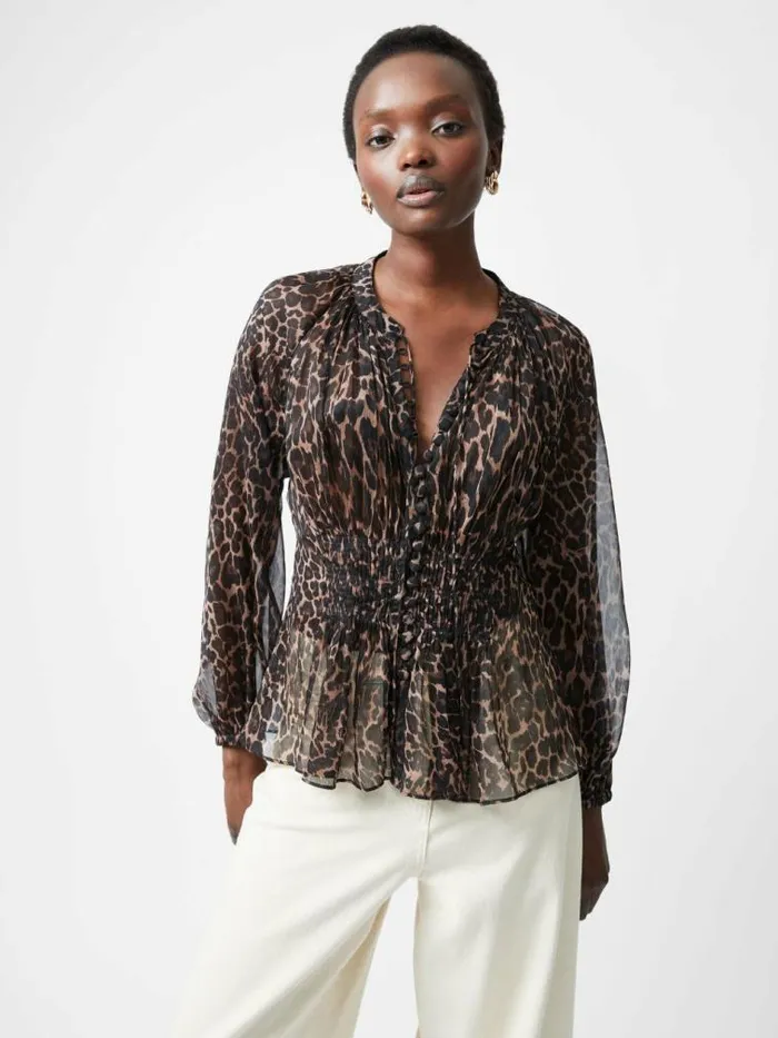 French Connection Emina Chiffon Leopard Print Long Sleeve Top Leopard Women Tops