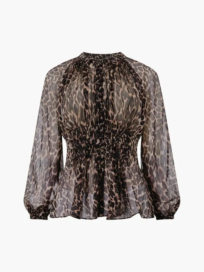 French Connection Emina Chiffon Leopard Print Long Sleeve Top Leopard Women Tops