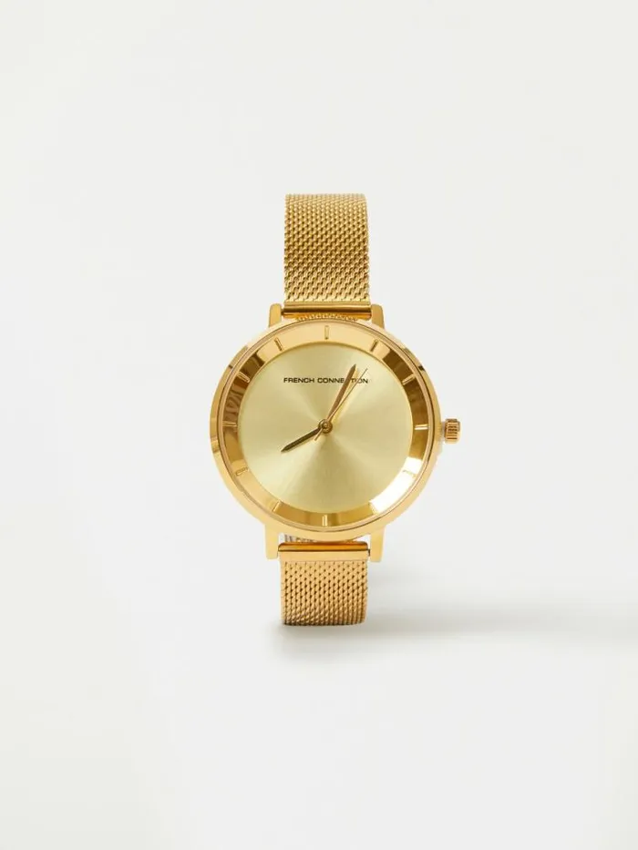 French Connection Gold Tone Mesh Bracelet Watch With Champagne Dial Gold Women Jewellery French Connection Gold Tone Mesh Bracelet Watch With Champagne Dial Gold Women Jewellery