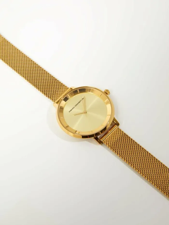 French Connection Gold Tone Mesh Bracelet Watch With Champagne Dial Gold Women Jewellery