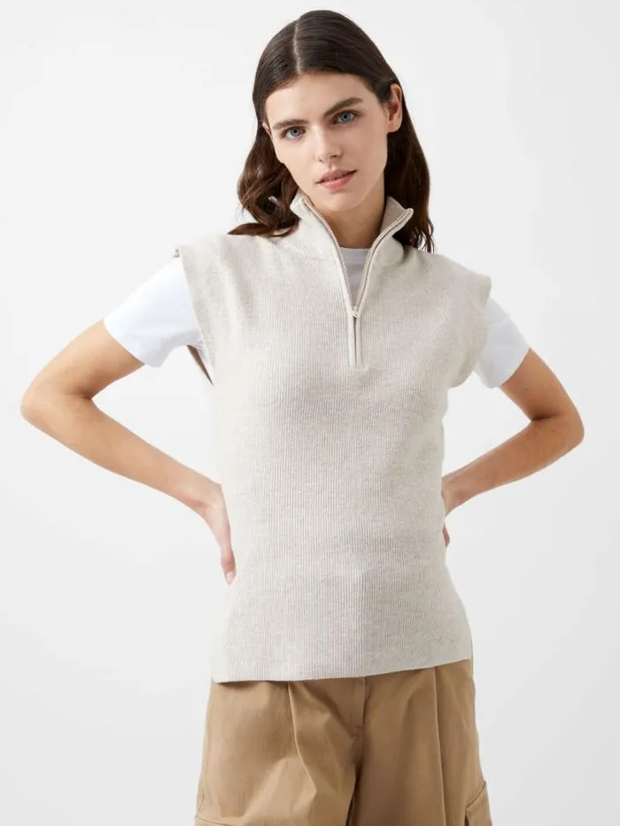 French Connection Lightweight Recycled Vhari Half Zip Vest Oatmeal Mel Women Jumpers and Cardigans