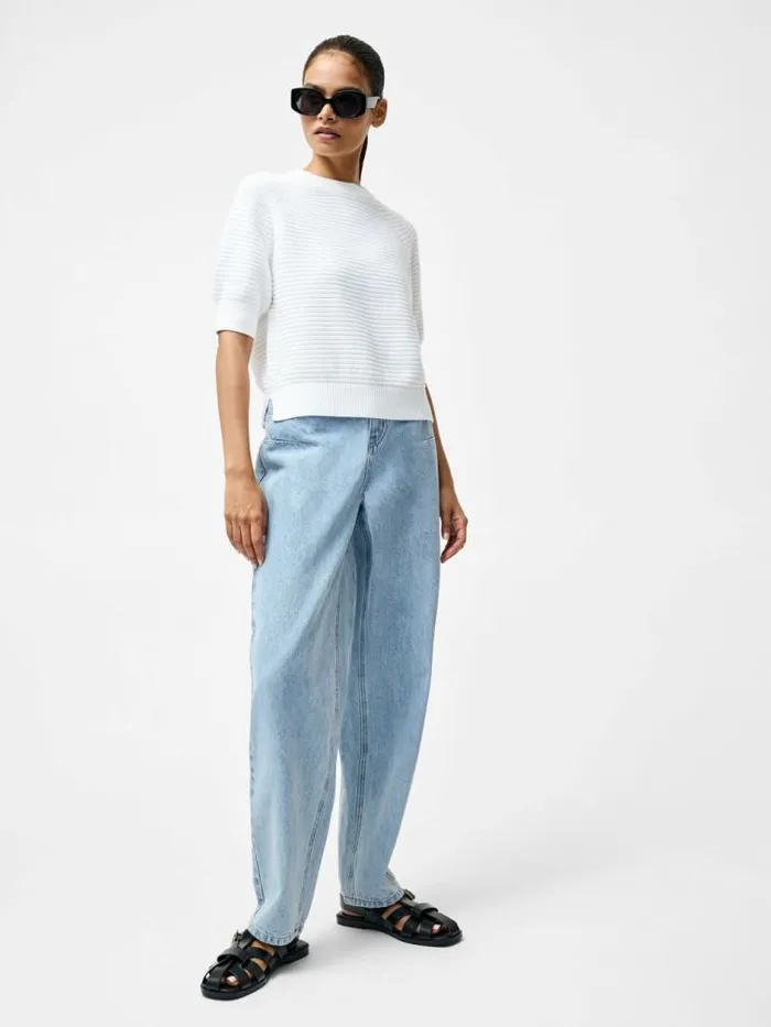 French Connection Lily Crew Neck Short Sleeve Jumper Linen White Women Jumpers and Cardigans
