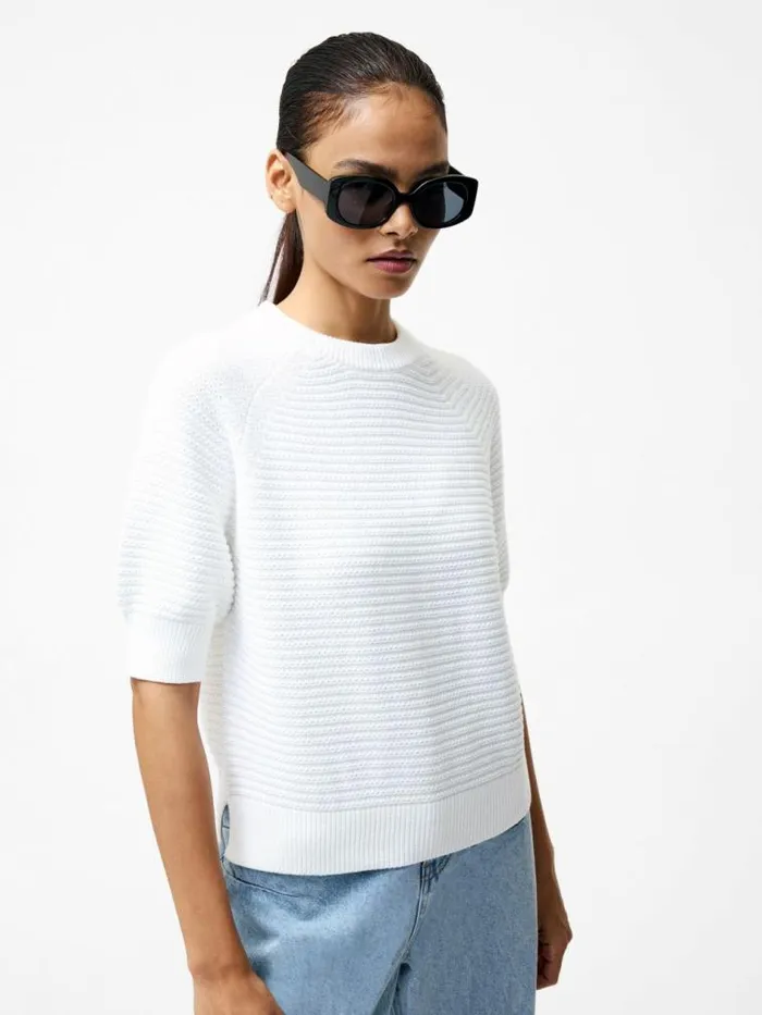 French Connection Lily Crew Neck Short Sleeve Jumper Linen White Women Jumpers and Cardigans