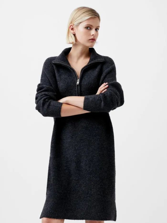 French Connection Maddox Half Zip Long Sleeve Knit Dress Charcoal Mel Women Dresses