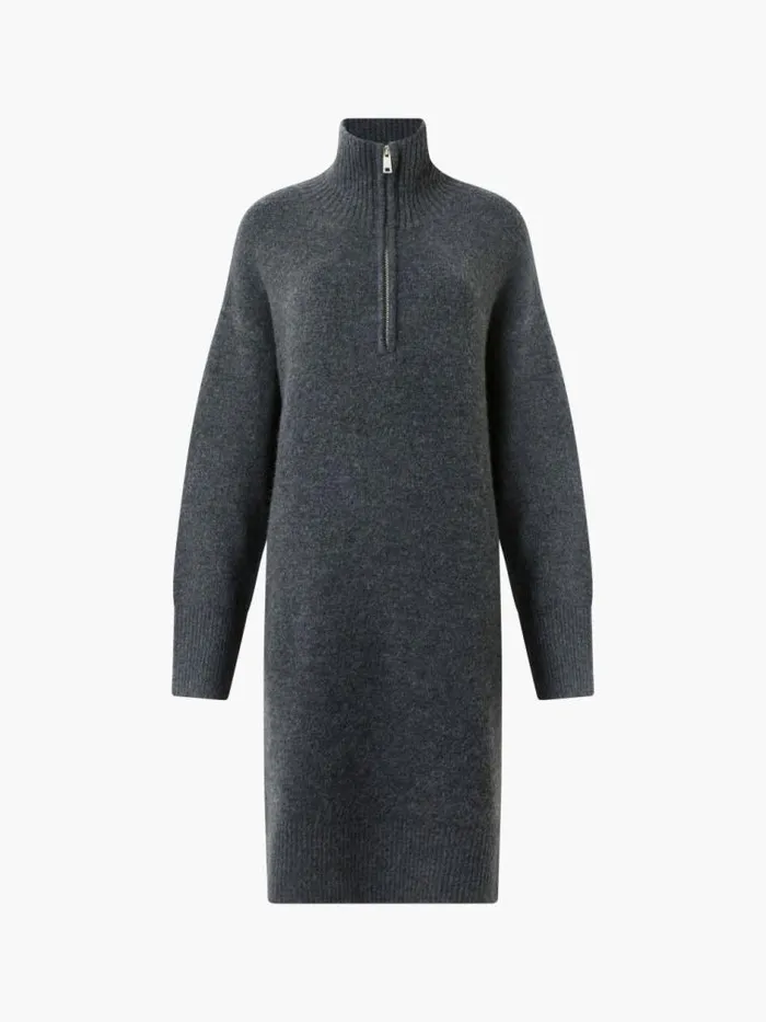 French Connection Maddox Half Zip Long Sleeve Knit Dress Charcoal Mel Women Dresses