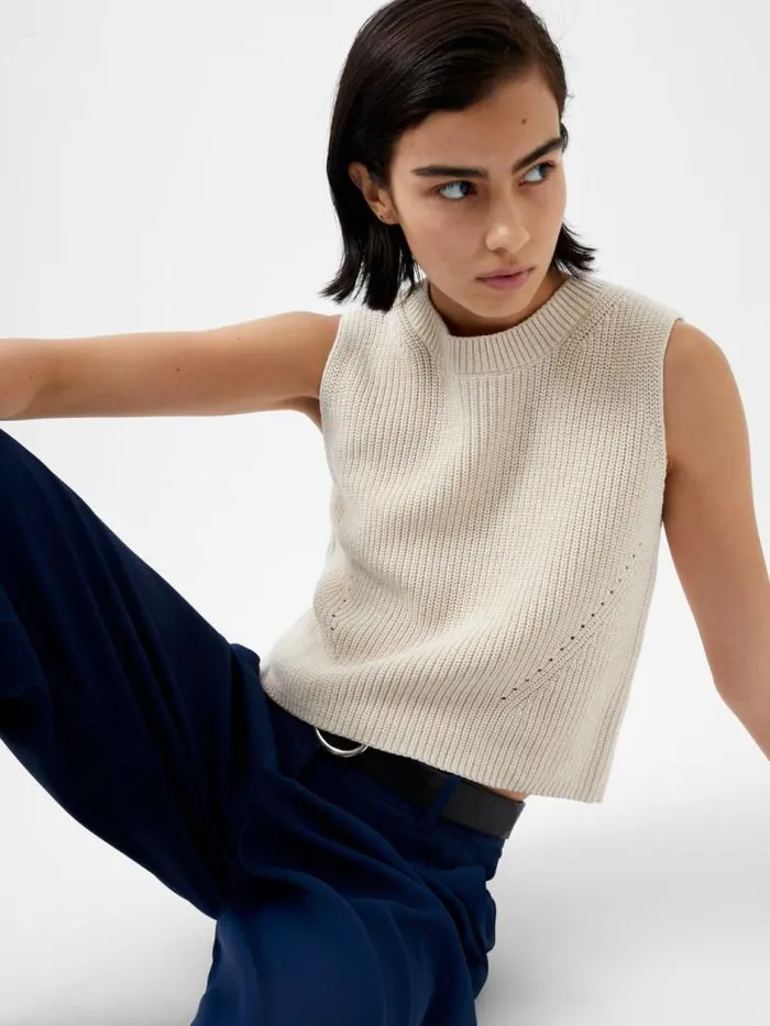 French Connection Mozart Knit Crew Neck Sleeveless Vest Light Oatmeal Mel Women Jumpers and Cardigans