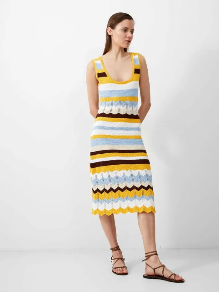 French Connection Nellis Cotton Striped Crochet Dress Bananacash Blue Mul Women Dresses
