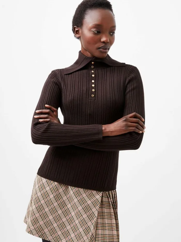 French Connection Nia Mari Long Sleeve Top Chocolate Ganache Women Jumpers and Cardigans