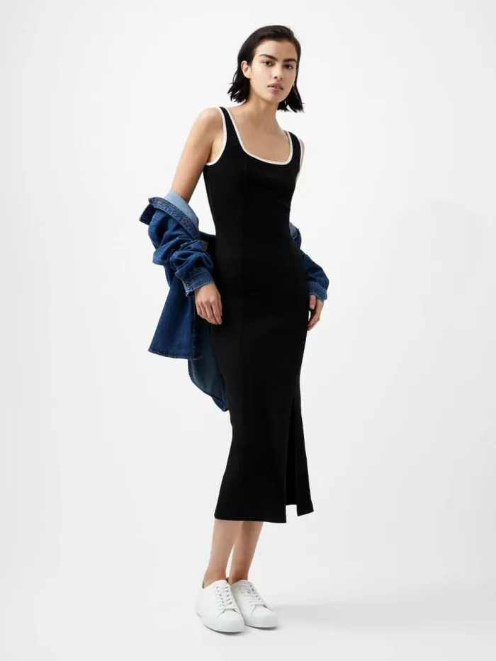 French Connection Rassia Rib Contrast Square Neck Midi Dress Blackporcelain Crea Women Dresses