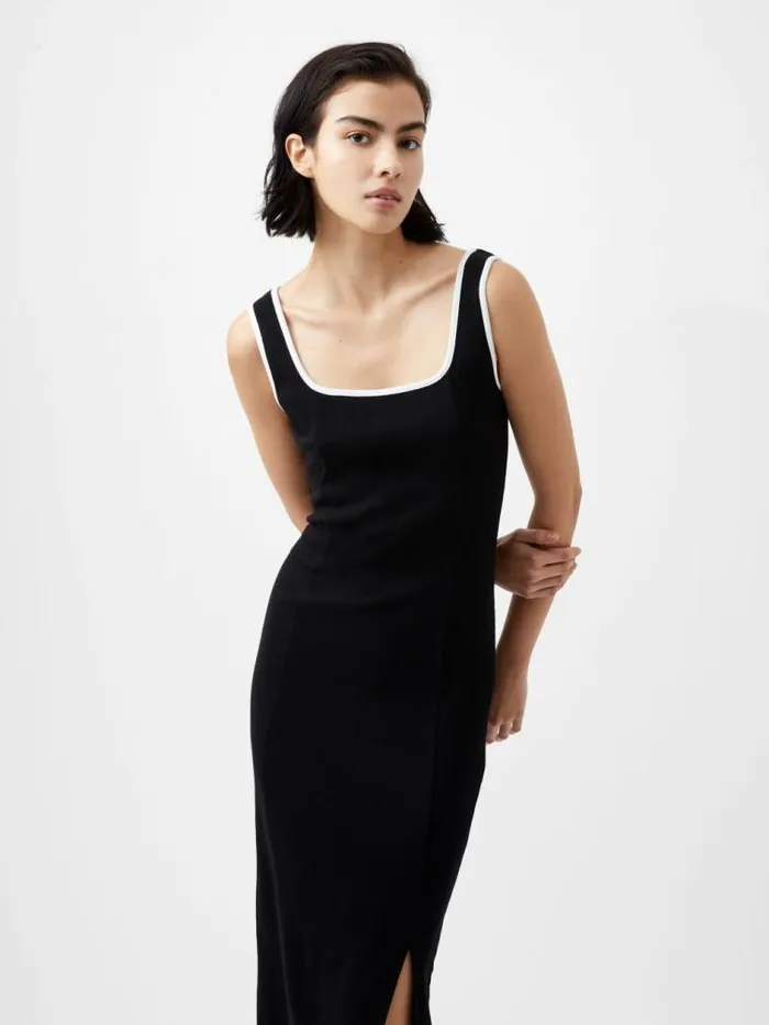 French Connection Rassia Rib Contrast Square Neck Midi Dress Blackporcelain Crea Women Dresses