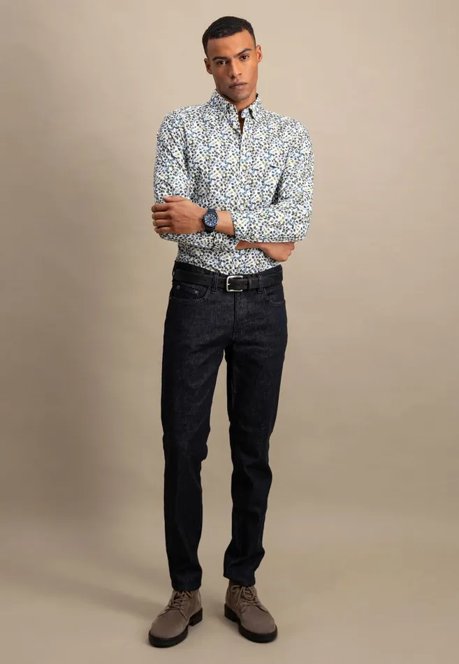 FYNCHHATTON Cotton Shirt With Floral Print Dark Emeraldsummer Breezevibrant Blue Men Shirts