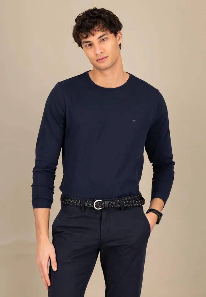 FYNCHHATTON Long sleeved Shirt With A Round Neckline Navymidnightasphaltpoppy Redblackstrong Bluewhite Men Tshirts