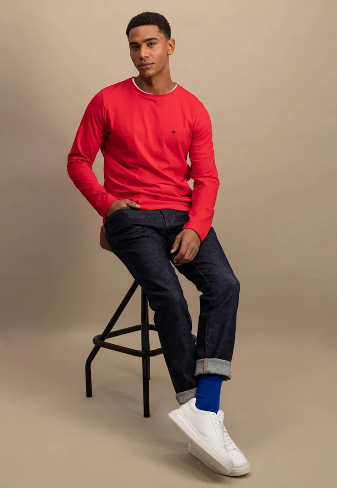 FYNCHHATTON Long sleeved Shirt With A Round Neckline Navymidnightasphaltpoppy Redblackstrong Bluewhite Men Tshirts