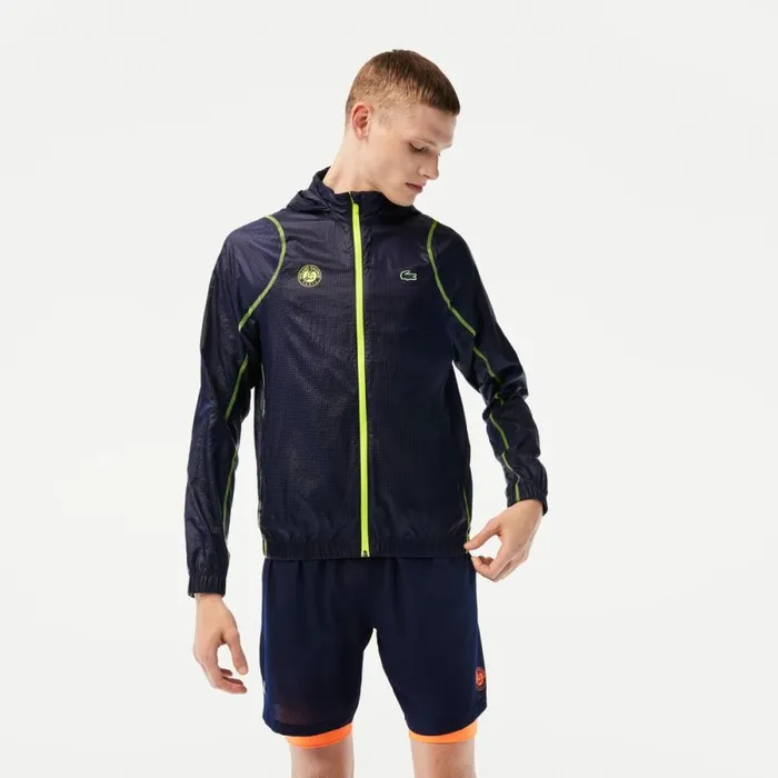 Jackets and Coats Men Lacoste Mens SPORT Roland Garros Edition PostMatch Jacket Navy Blue Yellow Zwi