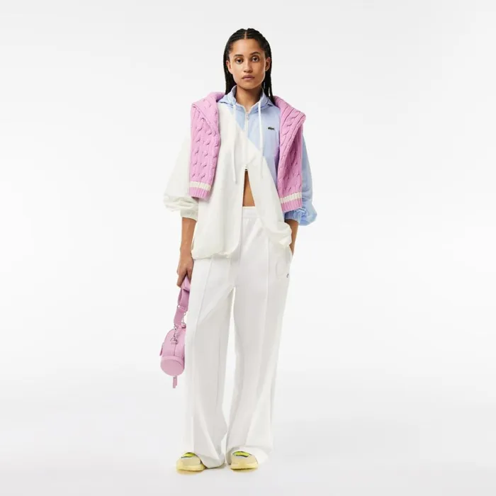 Jackets and Coats Women Lacoste Women039s Stowable Hood Oversized Colorblock Track Jacket White Light Blue Irq
