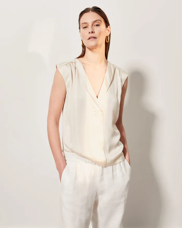 Jigsaw Tops Women Lapel Silk Front Shirt Cream